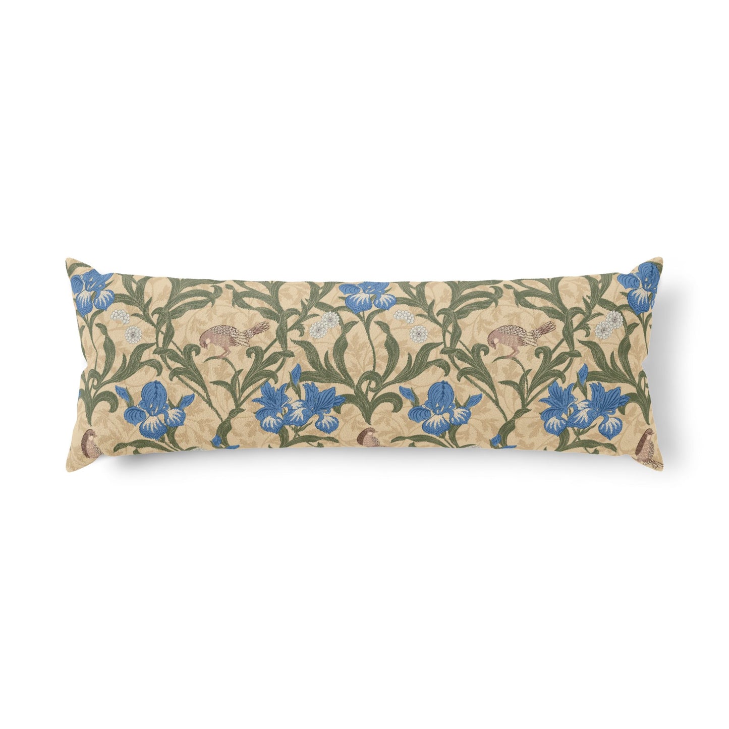 A long rectangular lumbar pillow featuring a classic William Morris-style floral pattern with blue irises, green foliage, and small rabbits on a beige background.