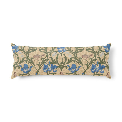 A long rectangular lumbar pillow featuring a classic William Morris-style floral pattern with blue irises, green foliage, and small rabbits on a beige background.