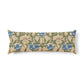 A long rectangular lumbar pillow featuring a classic Arts and Crafts style floral and animal pattern in blue, green, and beige on a white background.