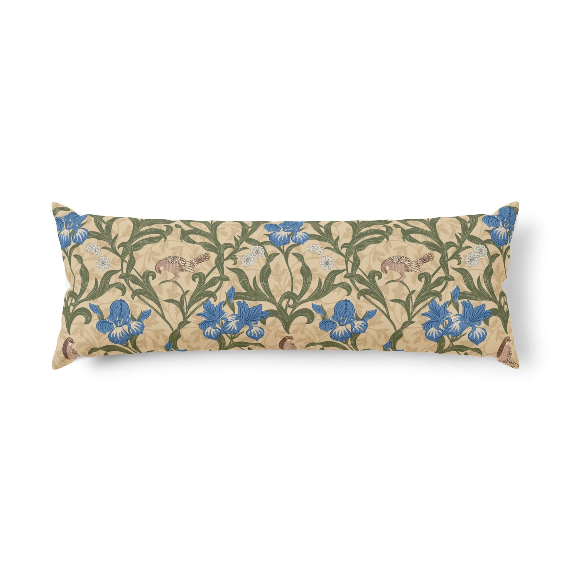 A long rectangular lumbar pillow featuring a classic Arts and Crafts style floral and animal pattern in blue, green, and beige on a white background.