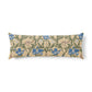 A long rectangular lumbar pillow featuring a classic William Morris-style floral pattern with blue irises, green foliage, and small rabbits on a beige background.