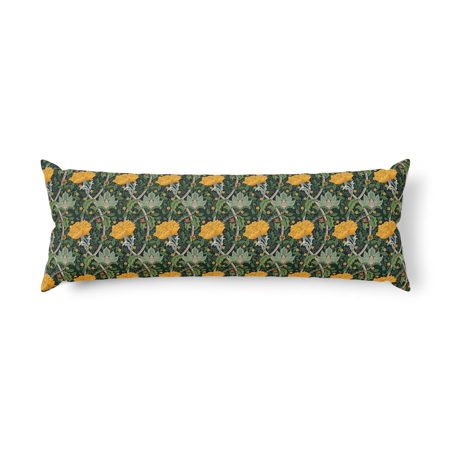 A long rectangular lumbar pillow featuring a William Morris-style floral pattern with yellow flowers and green foliage on a dark background, shown against a plain white studio backdrop.