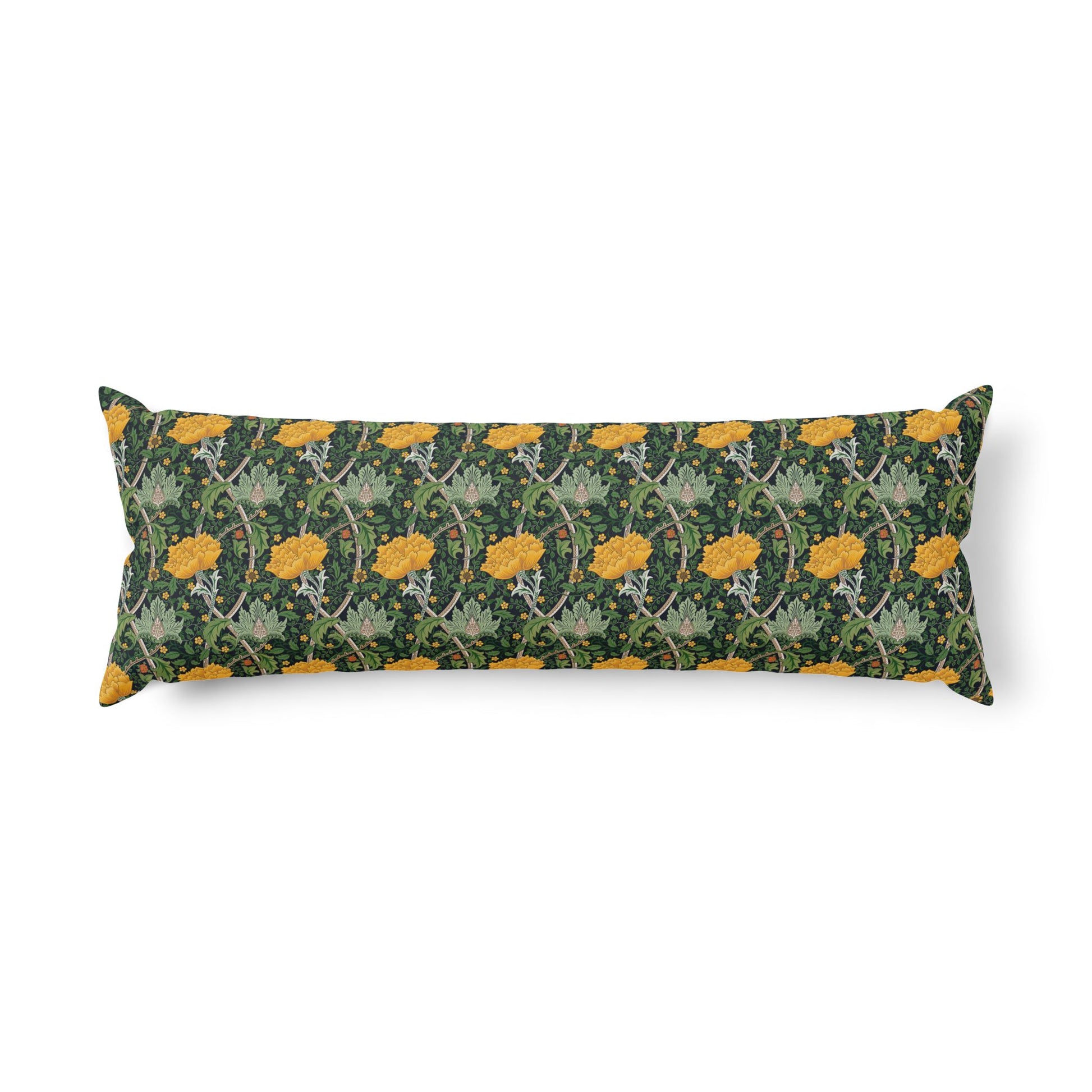 A long rectangular lumbar pillow featuring a William Morris-style floral pattern with yellow flowers and green foliage on a dark background, shown against a plain white studio backdrop.