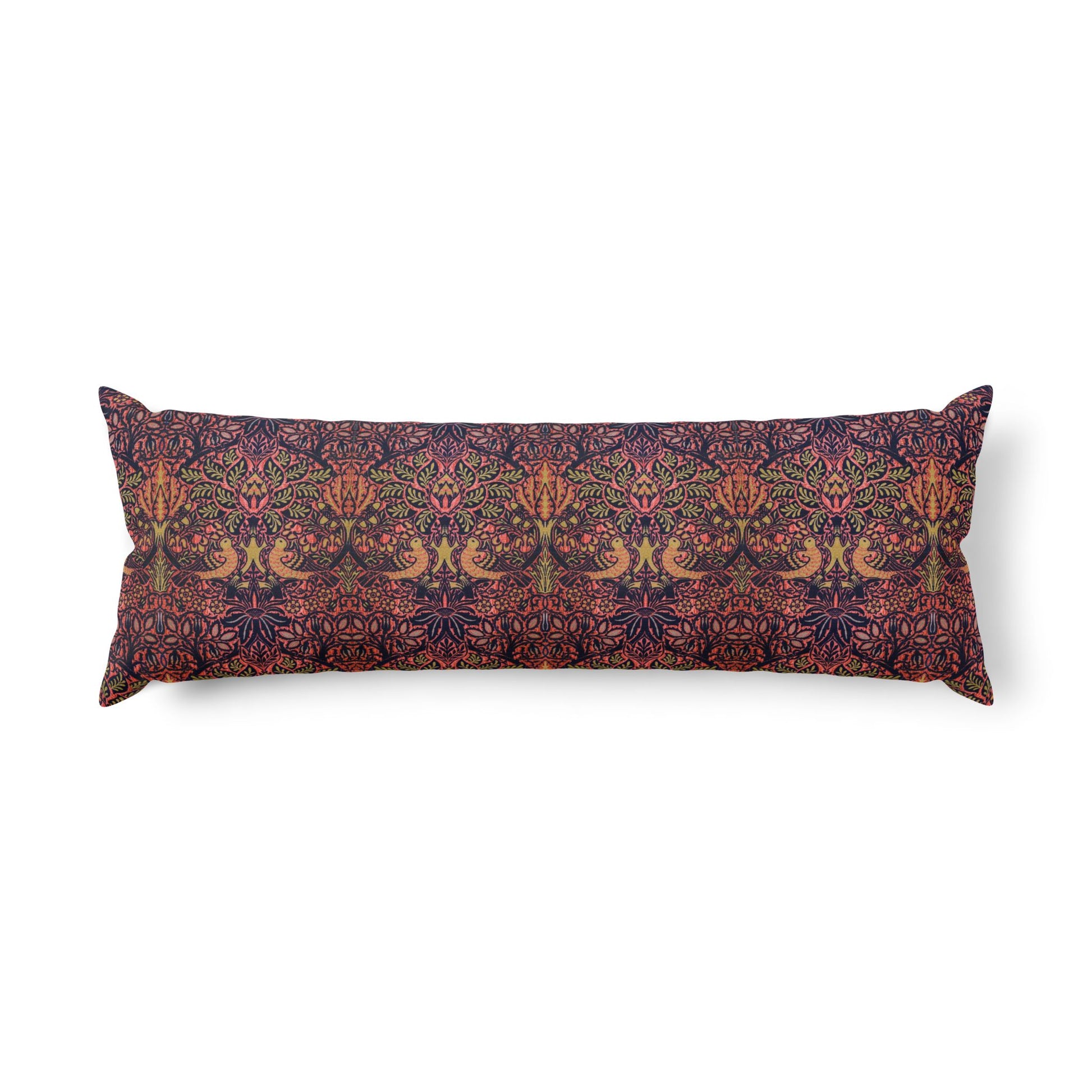 Body Pillow inspired by William Morris & Co in a orange, pink and purple floral pattern called Dove & Rose Collection