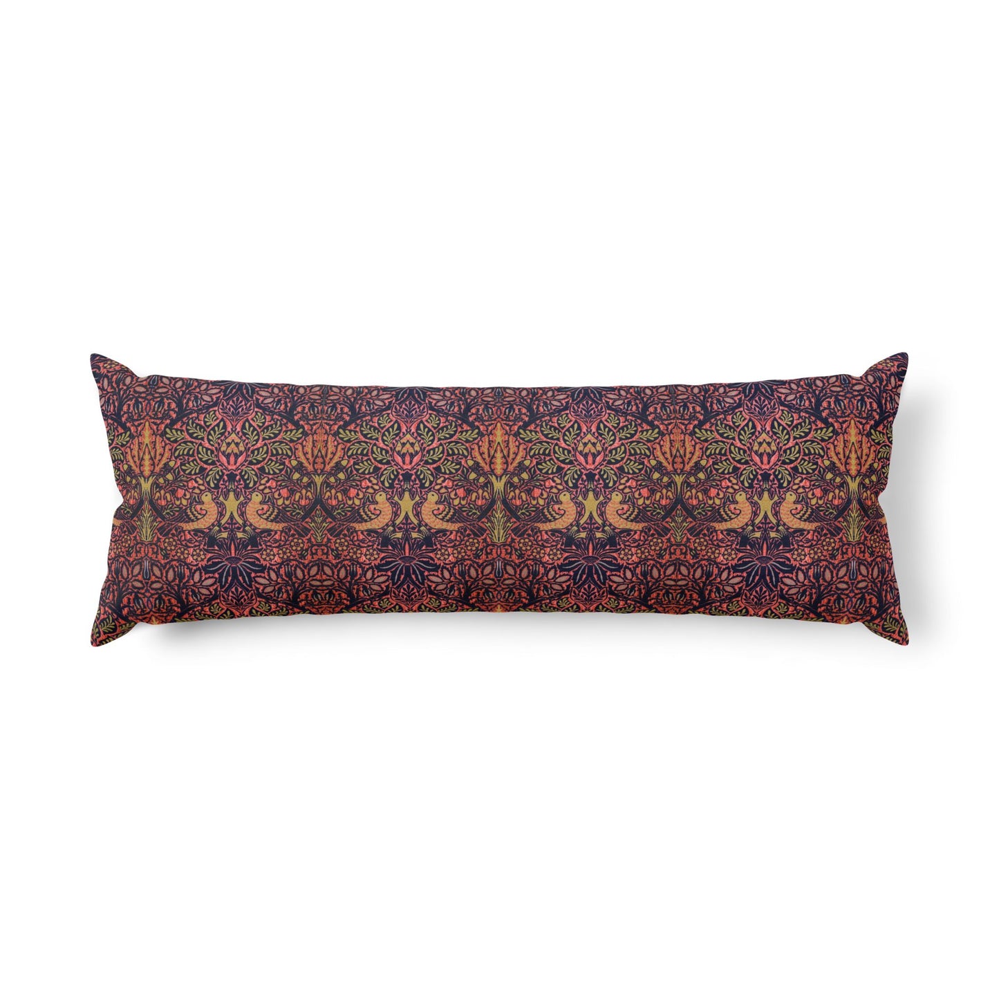Body Pillow inspired by William Morris & Co in a orange, pink and purple floral pattern called Dove & Rose Collection