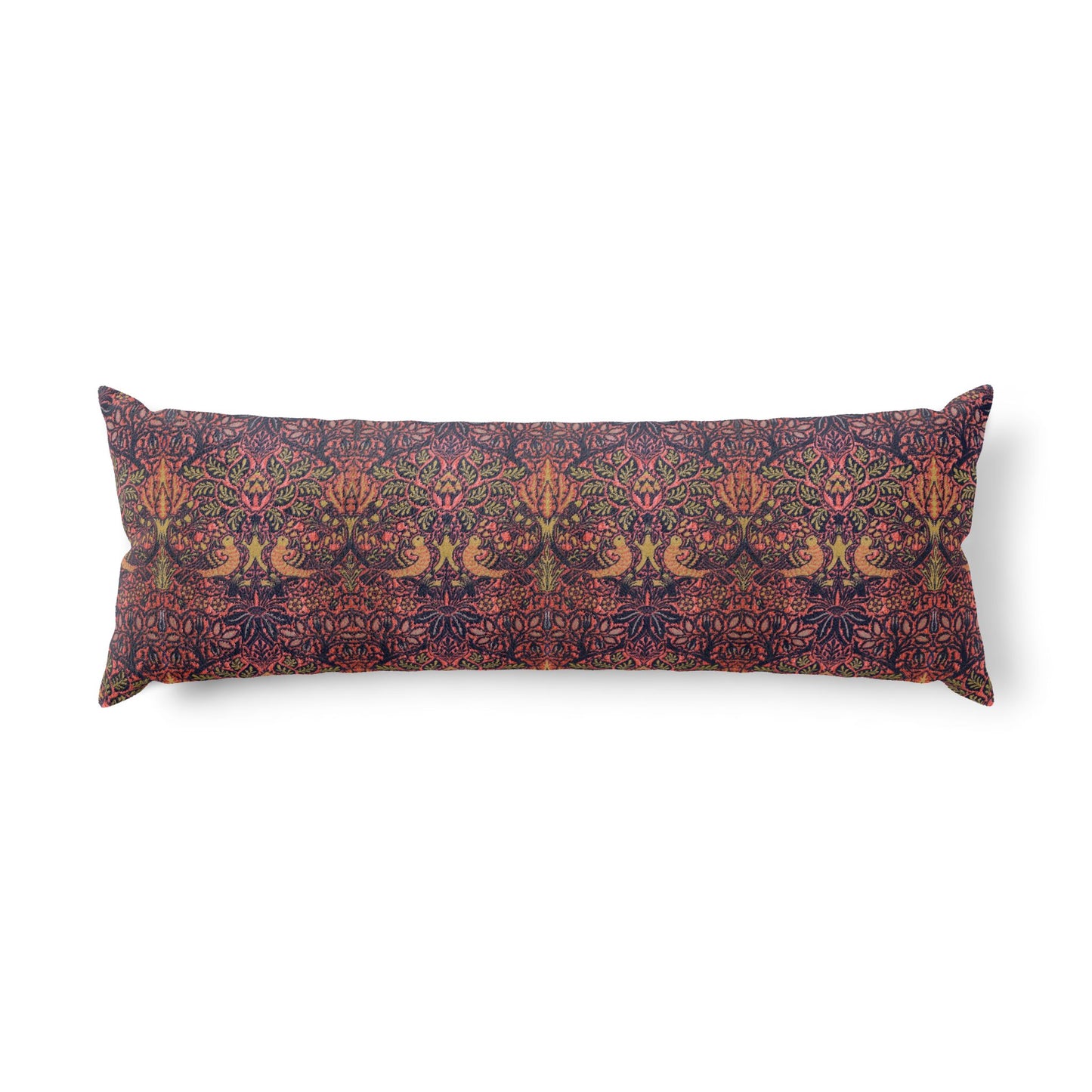 Body Pillow inspired by William Morris & Co in a orange, pink and purple floral pattern called Dove & Rose Collection
