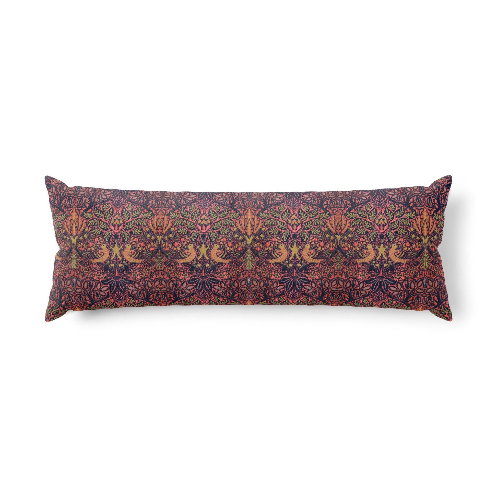 Body Pillow inspired by William Morris & Co in a orange, pink and purple floral pattern called Dove & Rose Collection