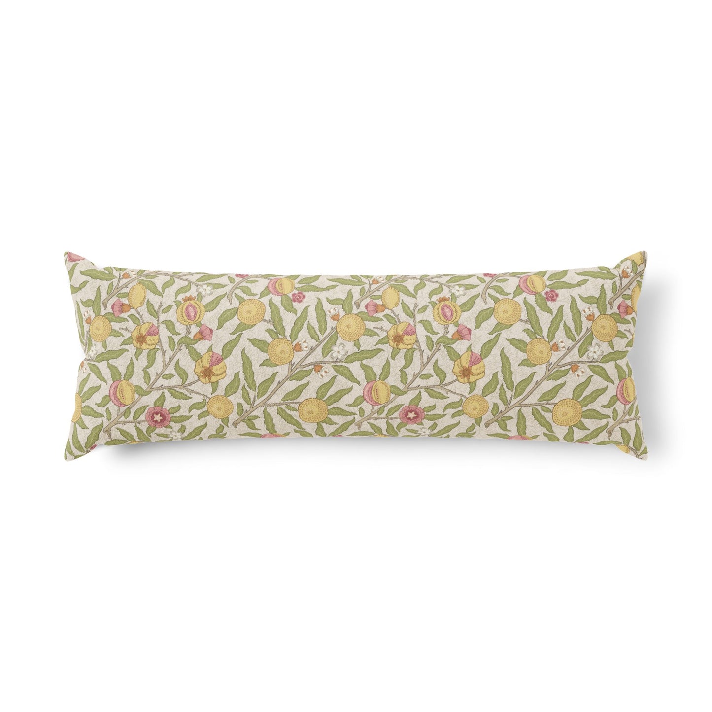 A long rectangular lumbar pillow featuring a vintage botanical pattern of yellow lemons, pink peaches, and green leaves on a cream background, shown against a plain white studio backdrop.