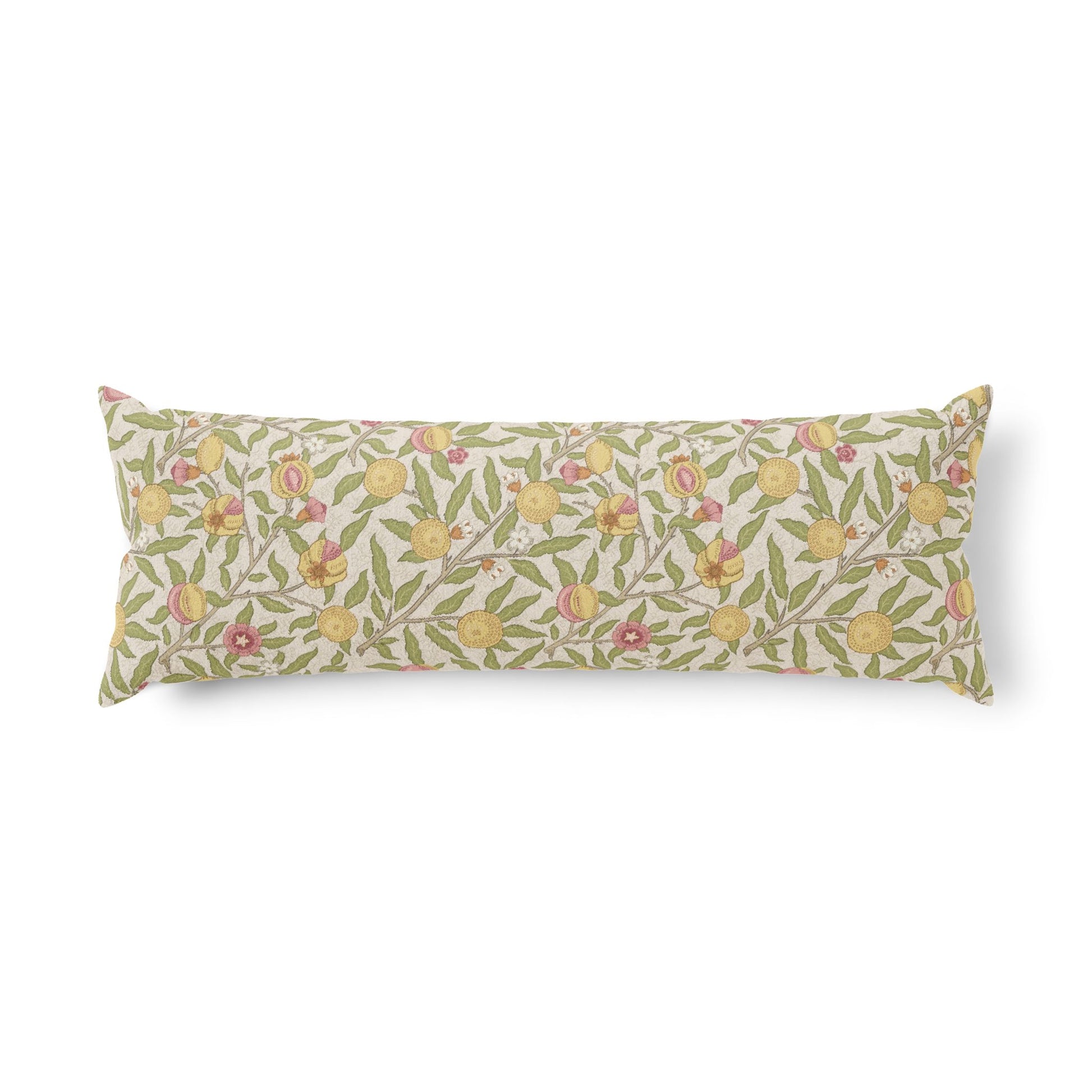 A long rectangular lumbar pillow featuring a vintage botanical pattern of yellow lemons, pink peaches, and green leaves on a cream background, shown against a plain white studio backdrop.