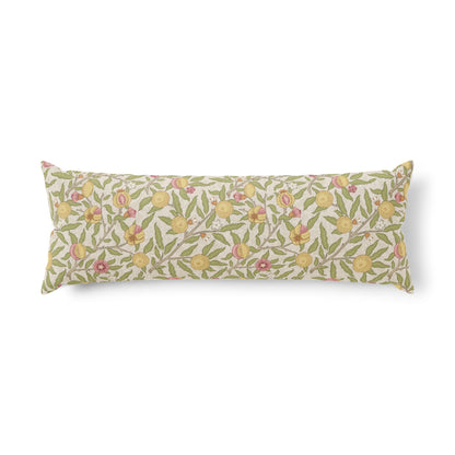 A long rectangular lumbar pillow featuring a vintage botanical pattern of yellow lemons, pink peaches, and green leaves on a cream background, shown against a plain white studio backdrop.