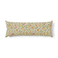 A long rectangular lumbar pillow featuring a vintage botanical pattern of yellow peaches, pink blossoms, and green leaves on a cream background, shown against a plain white studio backdrop.