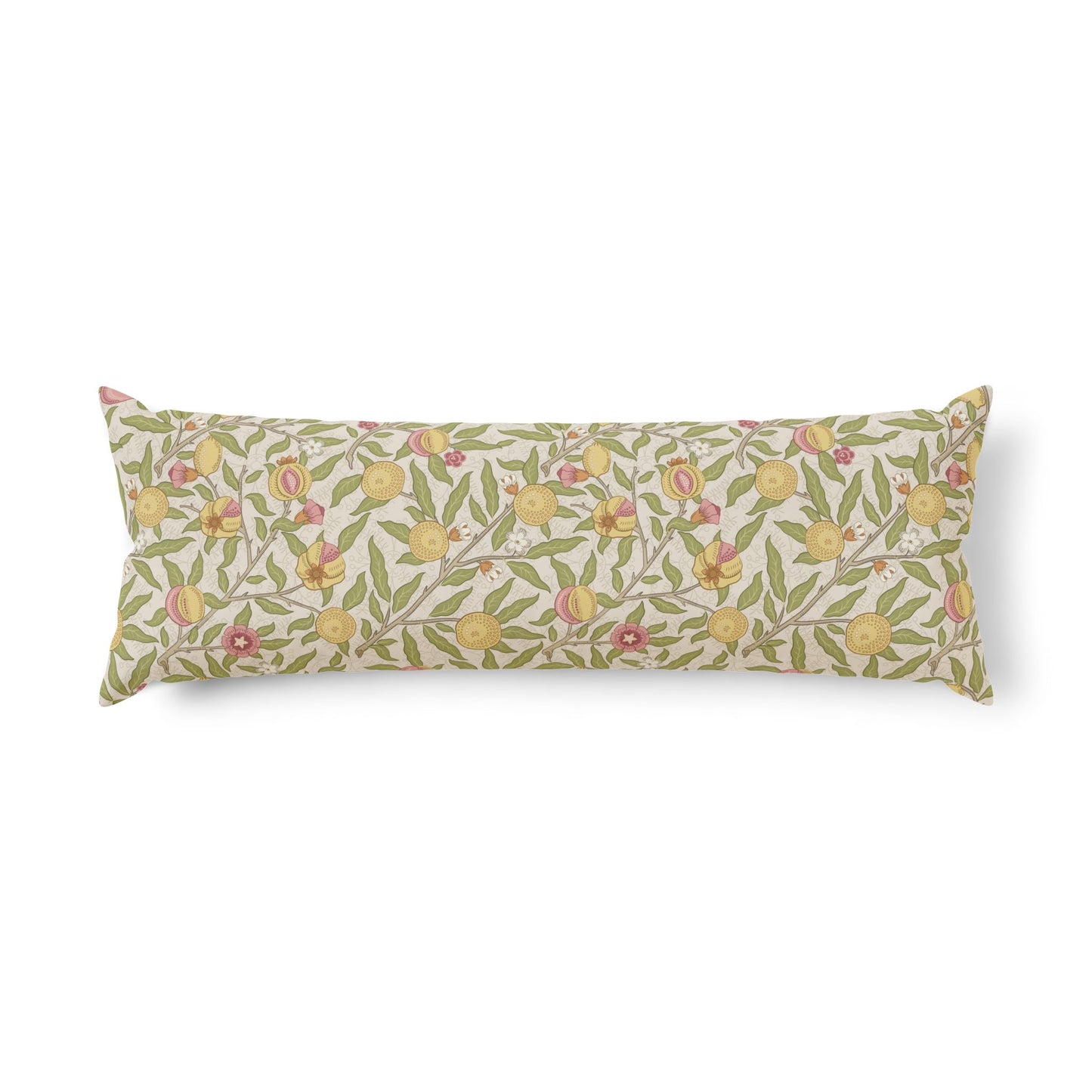 A long rectangular lumbar pillow featuring a vintage botanical pattern of yellow peaches, pink blossoms, and green leaves on a cream background, shown against a plain white studio backdrop.