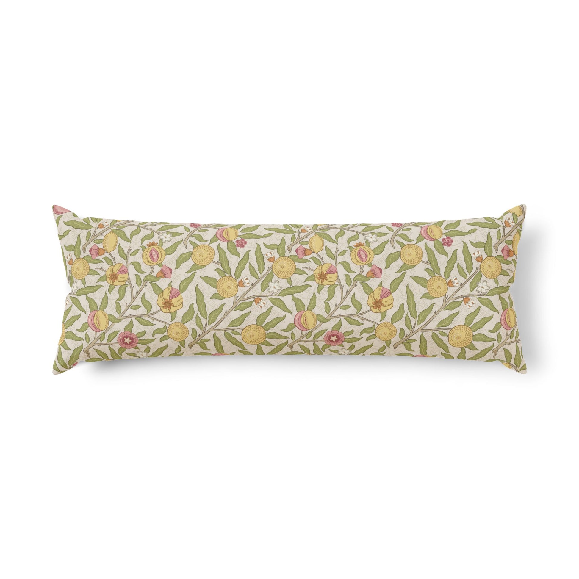 A long rectangular lumbar pillow featuring a vintage botanical pattern of yellow peaches, pink blossoms, and green leaves on a cream background, shown against a plain white studio backdrop.