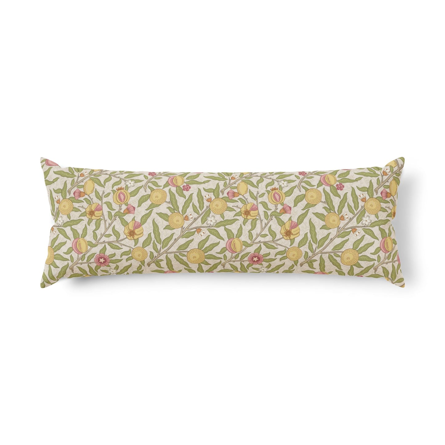 A long rectangular lumbar pillow featuring a vintage botanical pattern of yellow peaches, pink blossoms, and green leaves on a cream background, shown against a plain white studio backdrop.