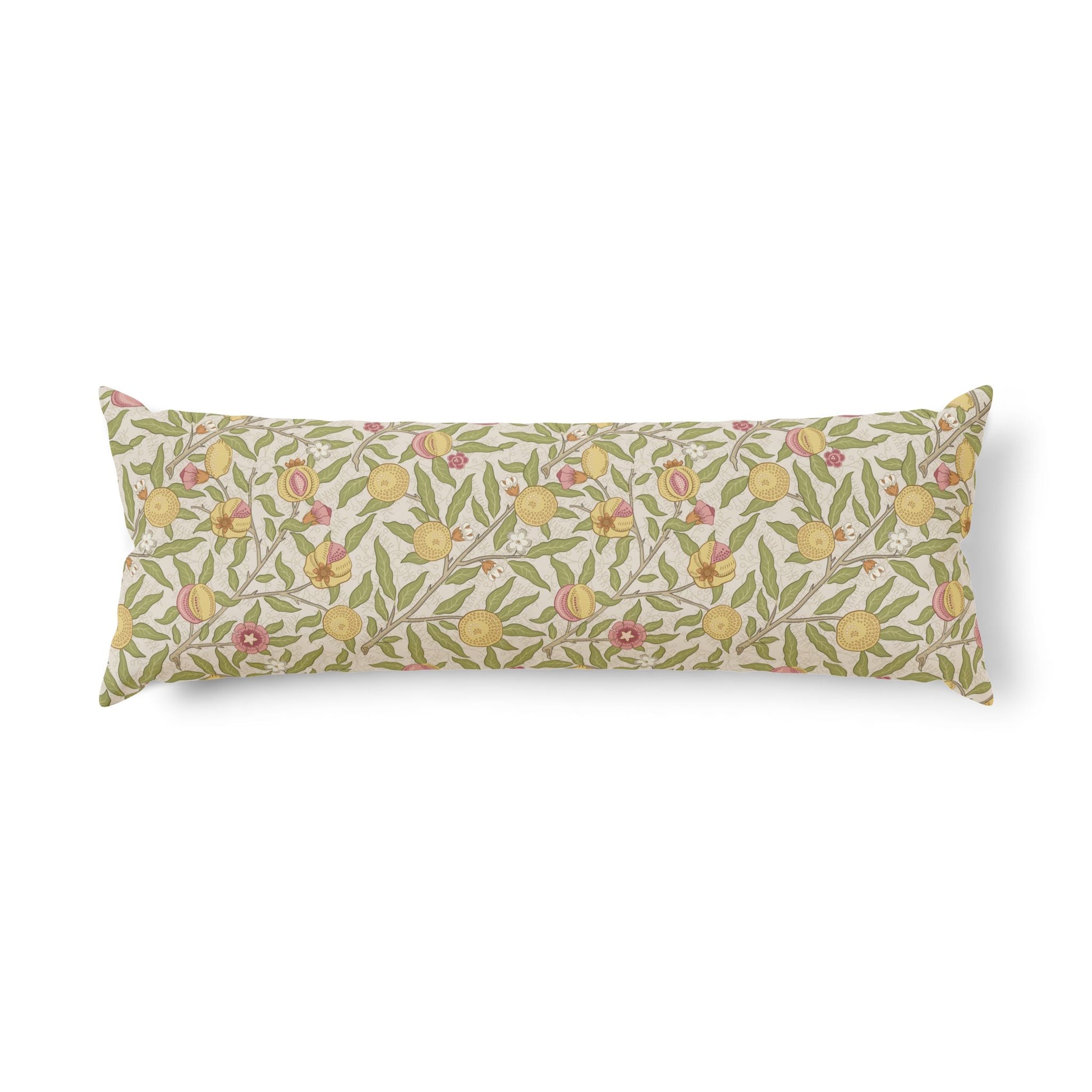 A long rectangular lumbar pillow featuring a vintage botanical pattern of yellow peaches, pink blossoms, and green leaves on a cream background, shown against a plain white studio backdrop.