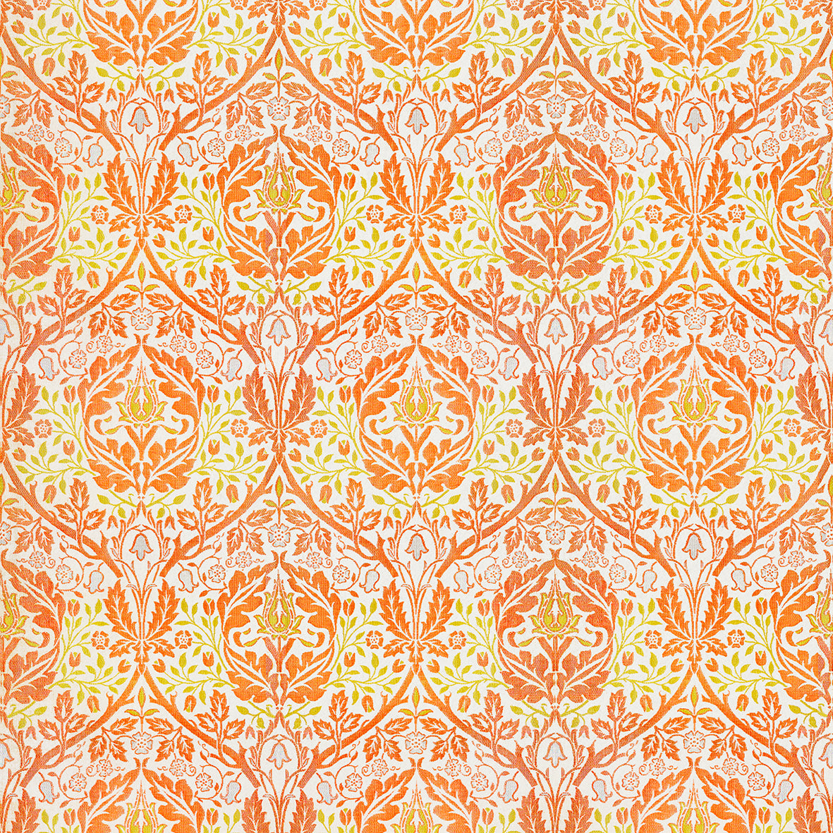 Patterned wallpaper with orange and green design on a white background