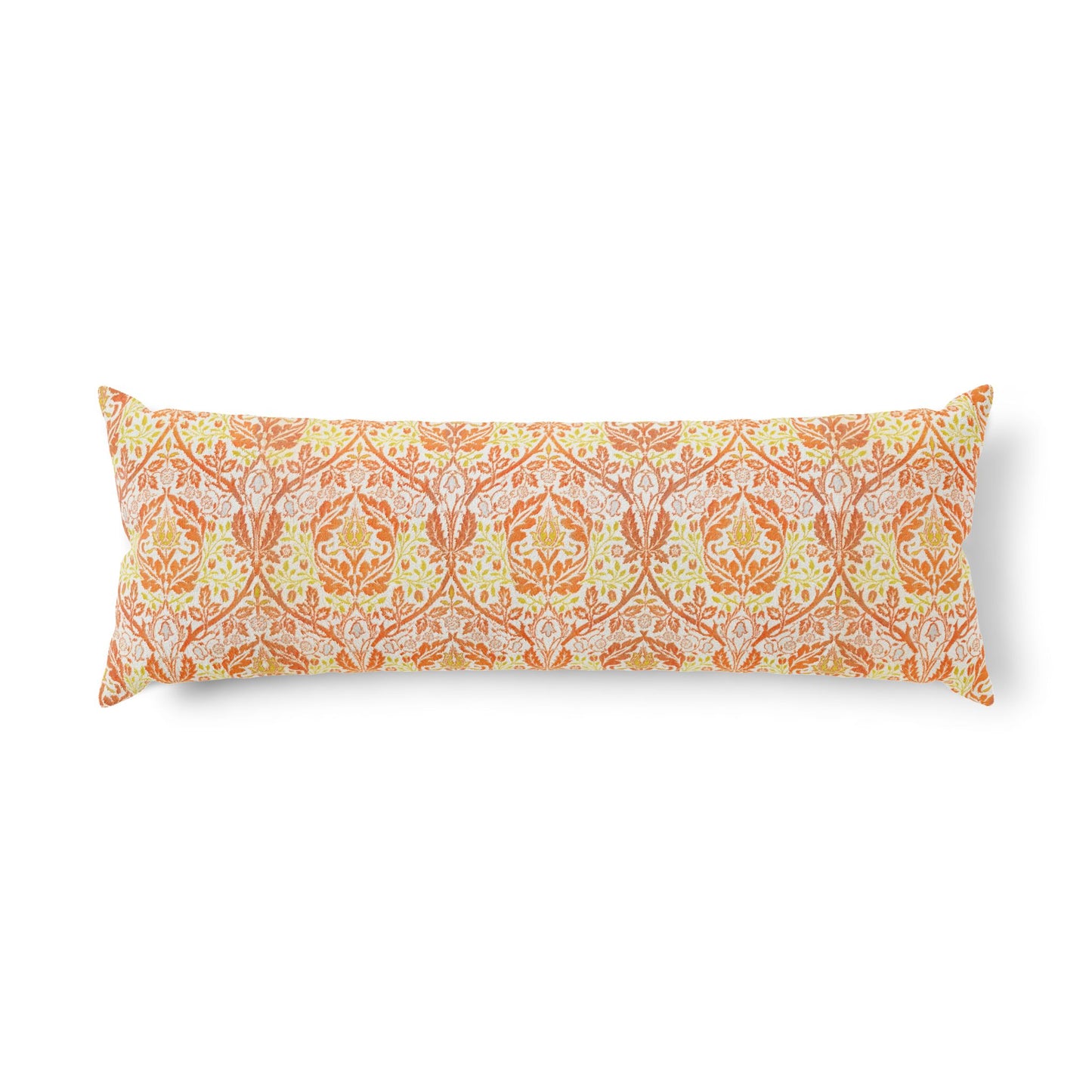 A rectangular lumbar pillow with a detailed orange, yellow, and white damask pattern, shown against a plain white background.