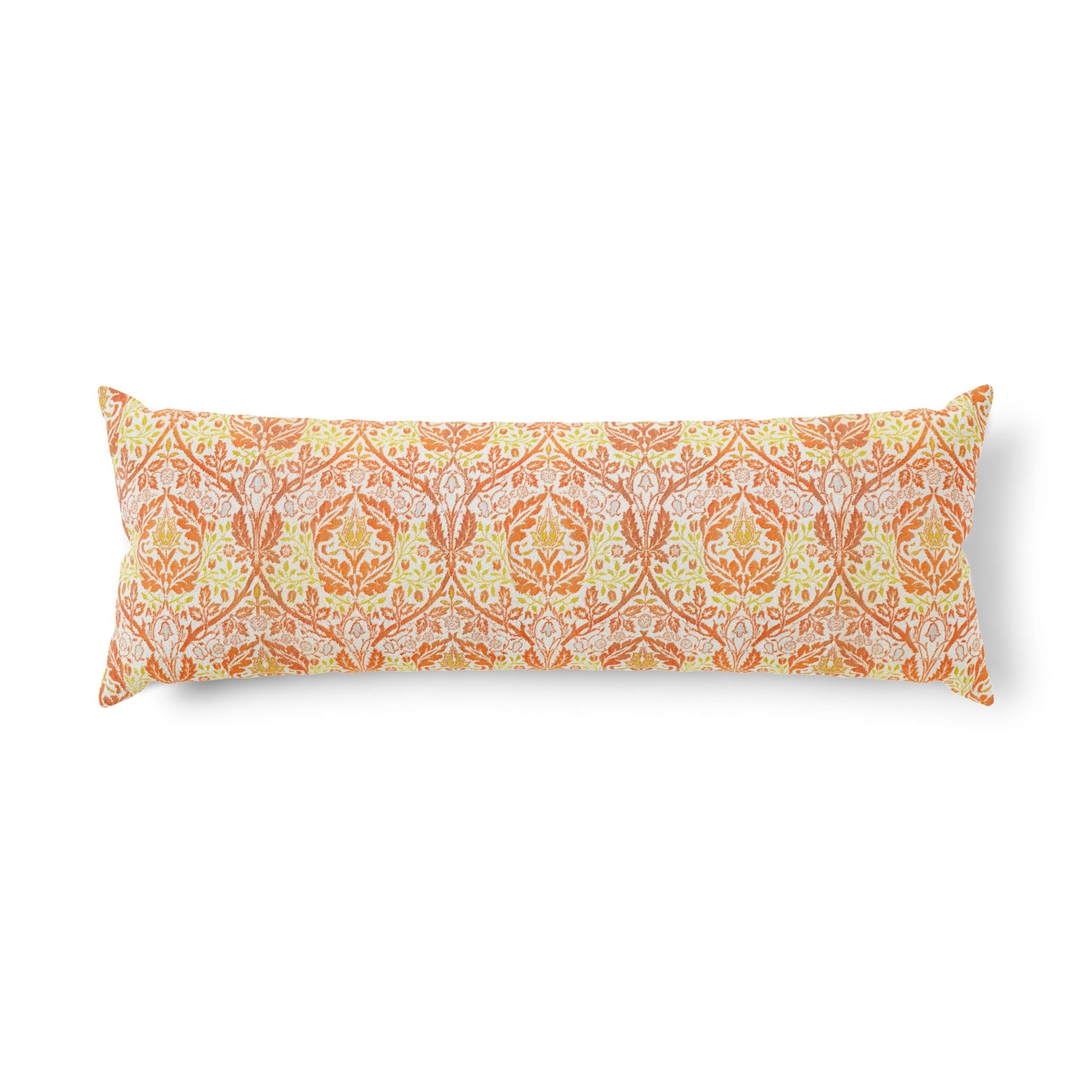 A rectangular lumbar pillow with a detailed orange, yellow, and white damask pattern, shown against a plain white background.