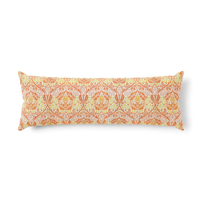 A rectangular lumbar pillow with a detailed orange, yellow, and white damask pattern, shown against a plain white background.