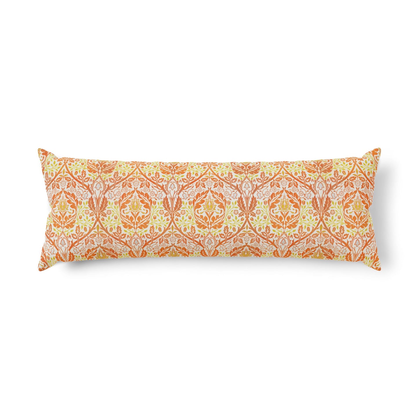 A rectangular lumbar pillow with a detailed orange and yellow damask pattern on a white background, shown against a plain white studio backdrop.