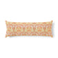 A rectangular lumbar pillow with a detailed orange, yellow, and white damask pattern, shown against a plain white background.