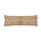 A long rectangular lumbar pillow featuring a dense, vintage botanical pattern in muted green, blue, and gold on a dusty pink background, shown against a plain white studio background.