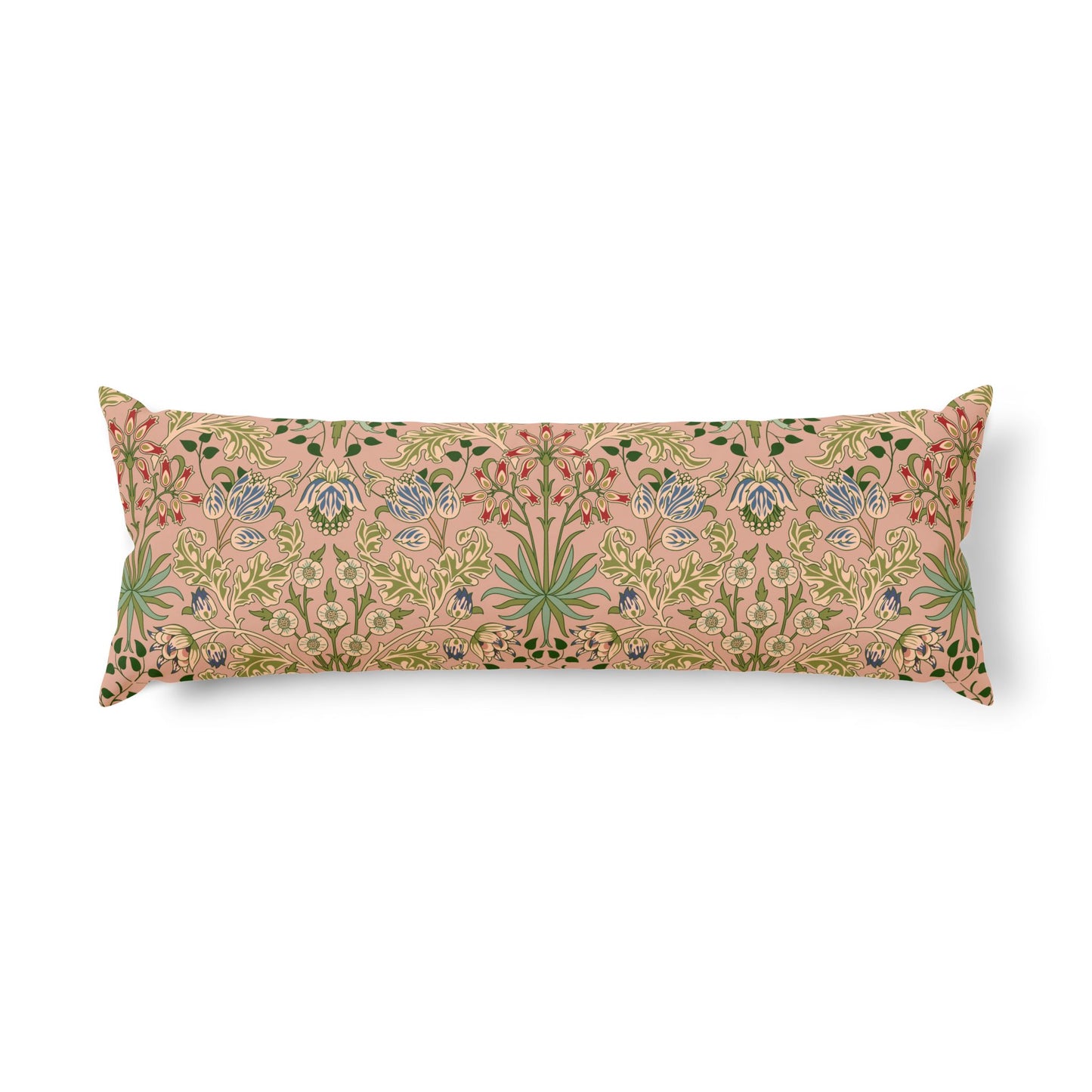 A long rectangular lumbar pillow featuring a dense, vintage botanical pattern in muted green, blue, and gold on a dusty pink background, shown against a plain white studio background.