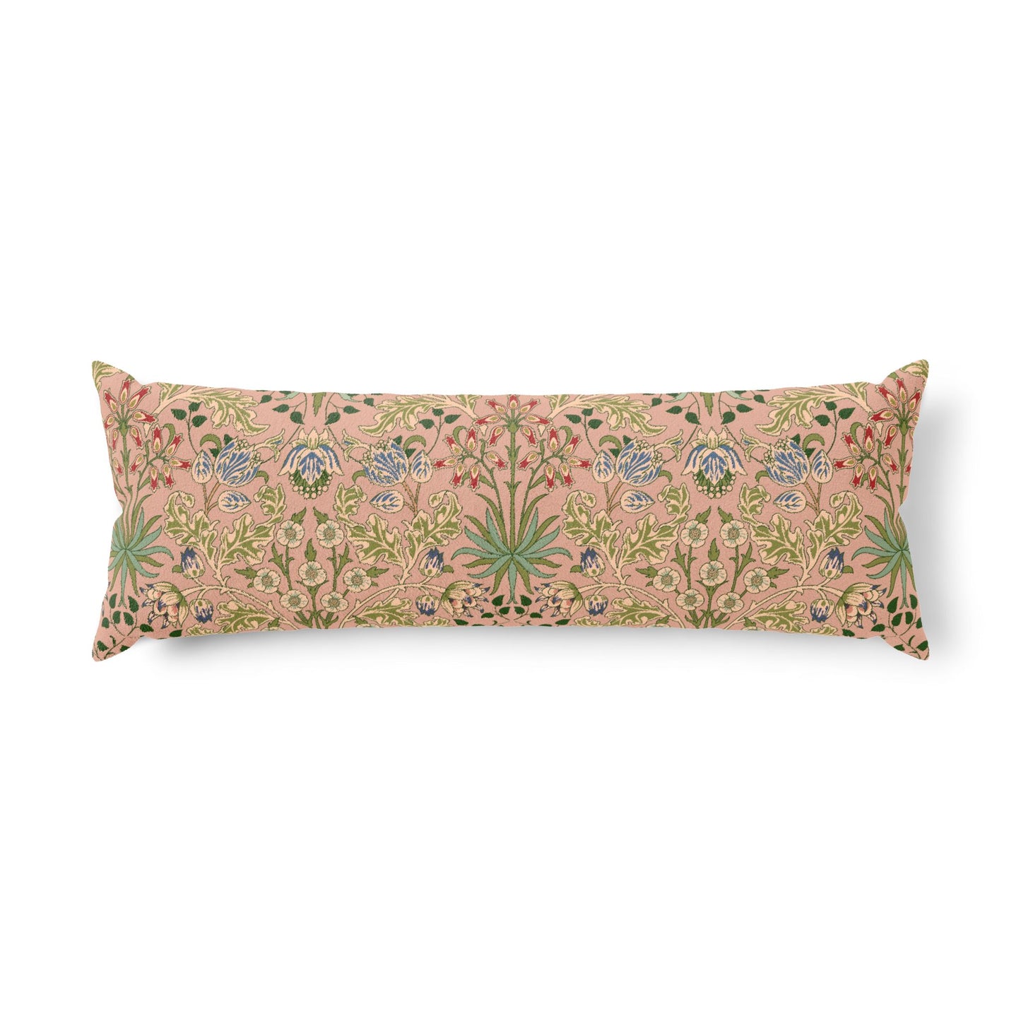 A long rectangular lumbar pillow featuring a dense botanical and floral pattern in muted green, blue, and gold on a dusty pink background, shown against a plain white studio background.