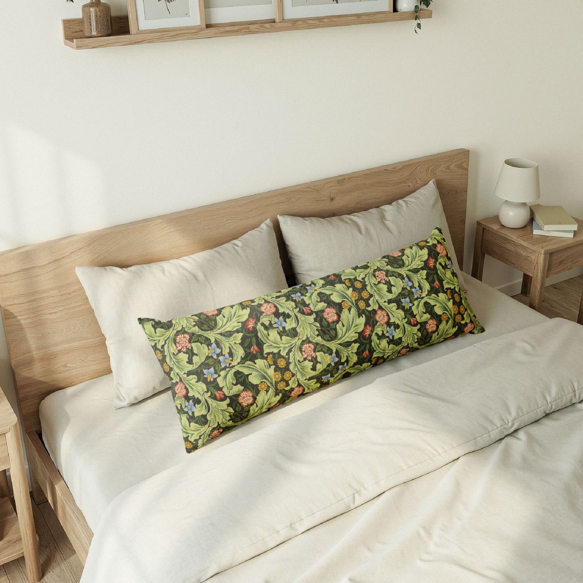 Bedroom with a wooden headboard and floral-patterned pillow