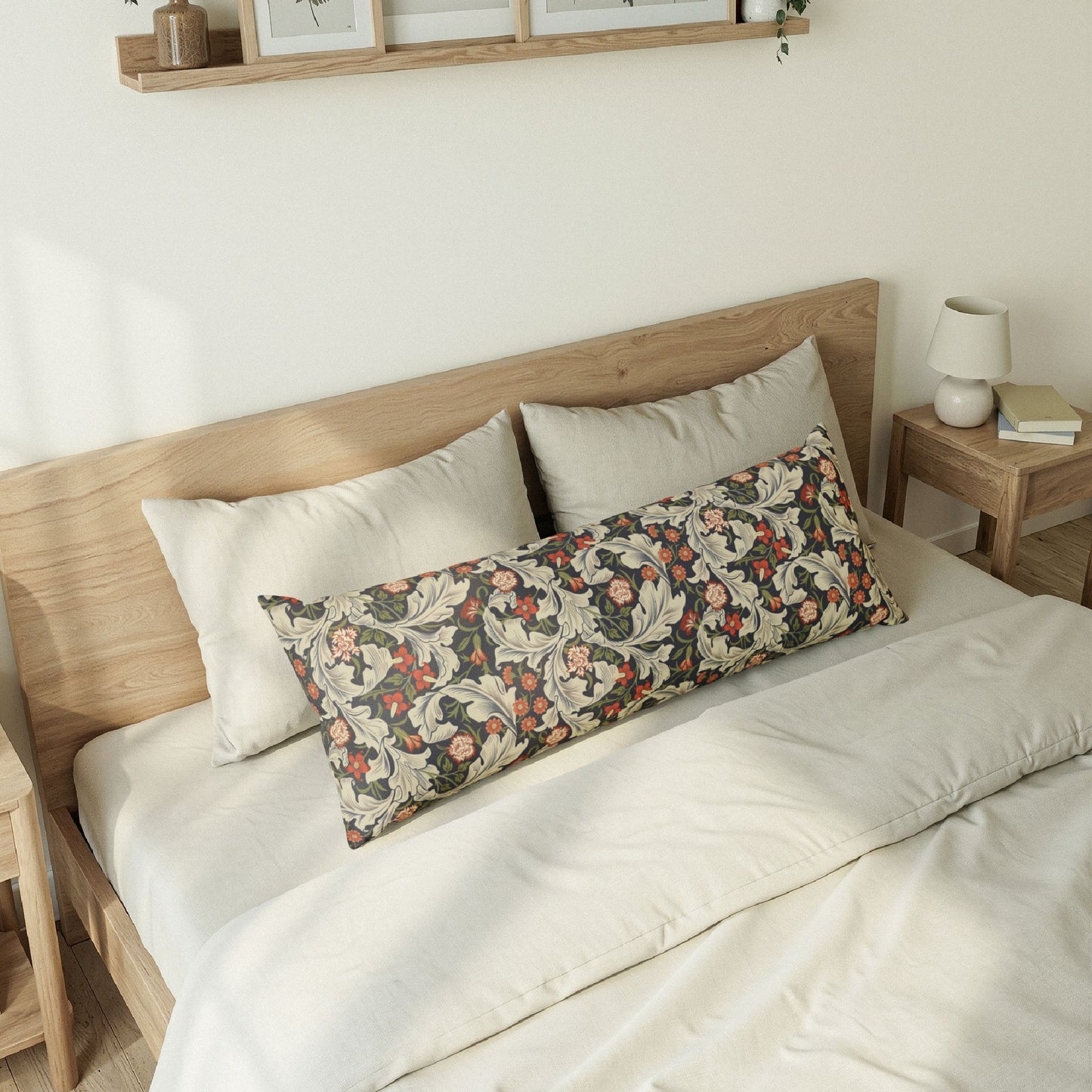 Bedroom with a wooden bed frame and decorative pillows