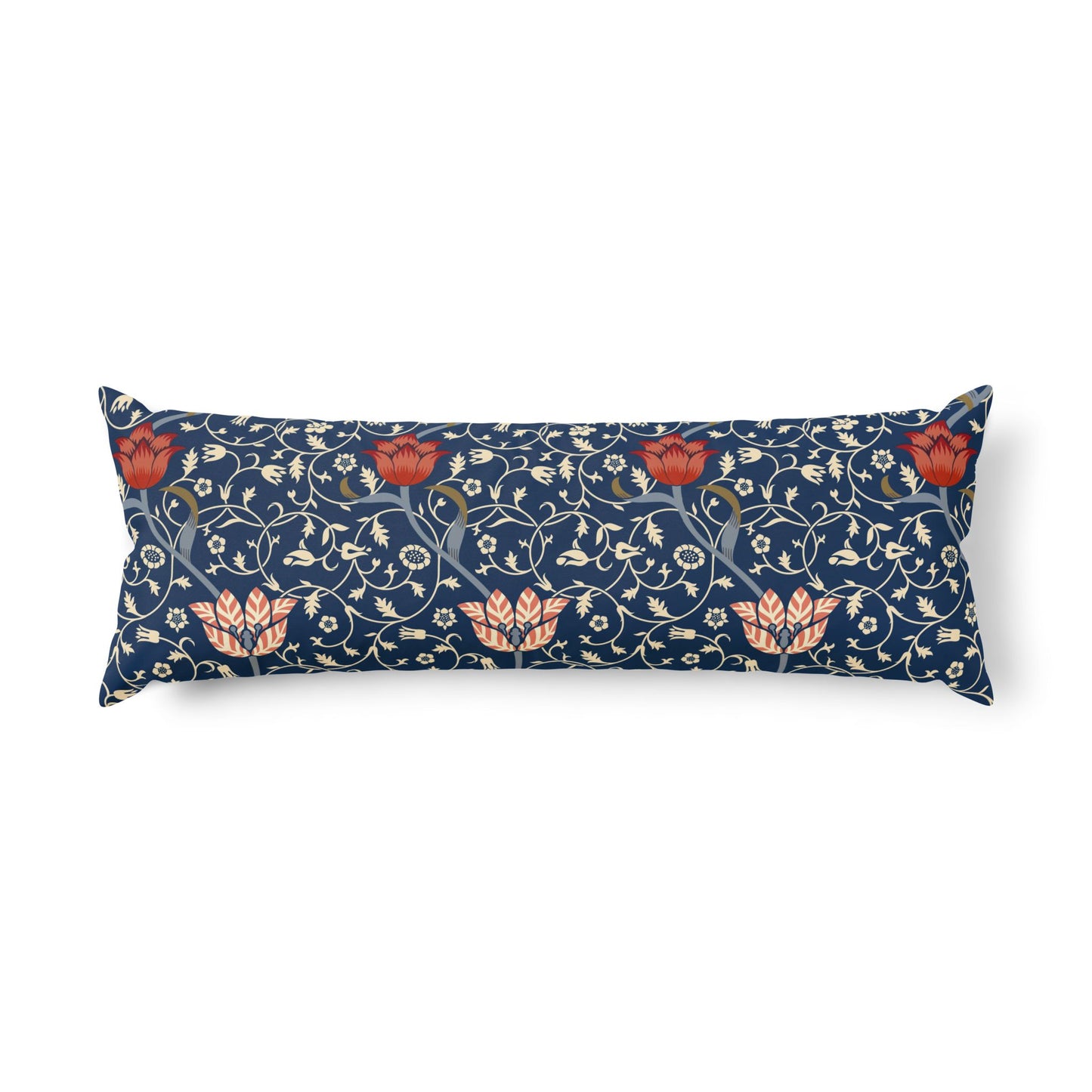 A long rectangular lumbar pillow featuring a navy blue background with a classic floral and vine pattern in cream, coral, and muted red.