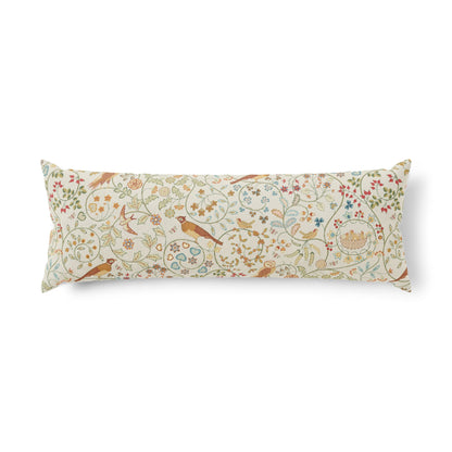 A long rectangular lumbar pillow featuring a detailed botanical and bird pattern on a cream background, shown against a plain white studio background.