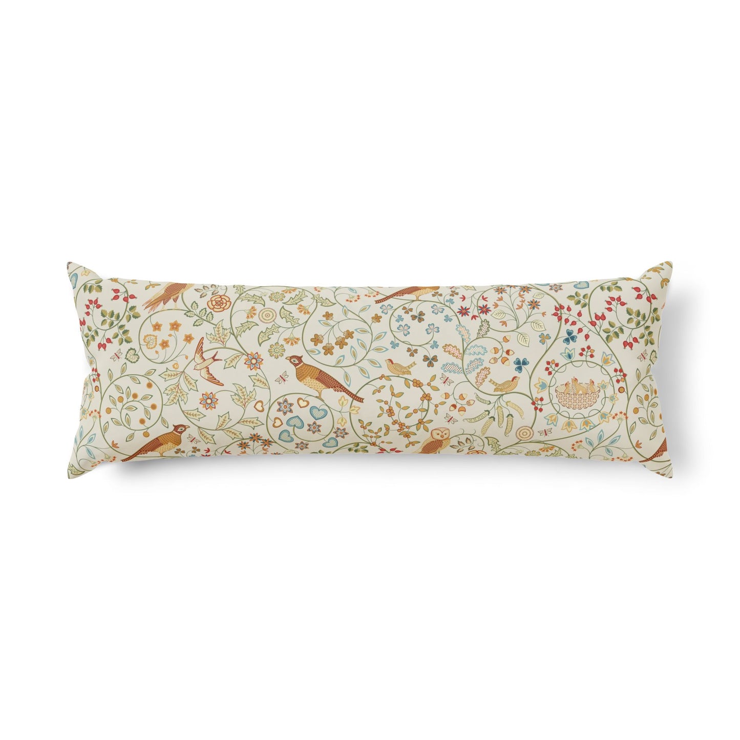 A rectangular lumbar pillow featuring a detailed botanical and bird pattern on an off-white background, shown against a plain white studio background.