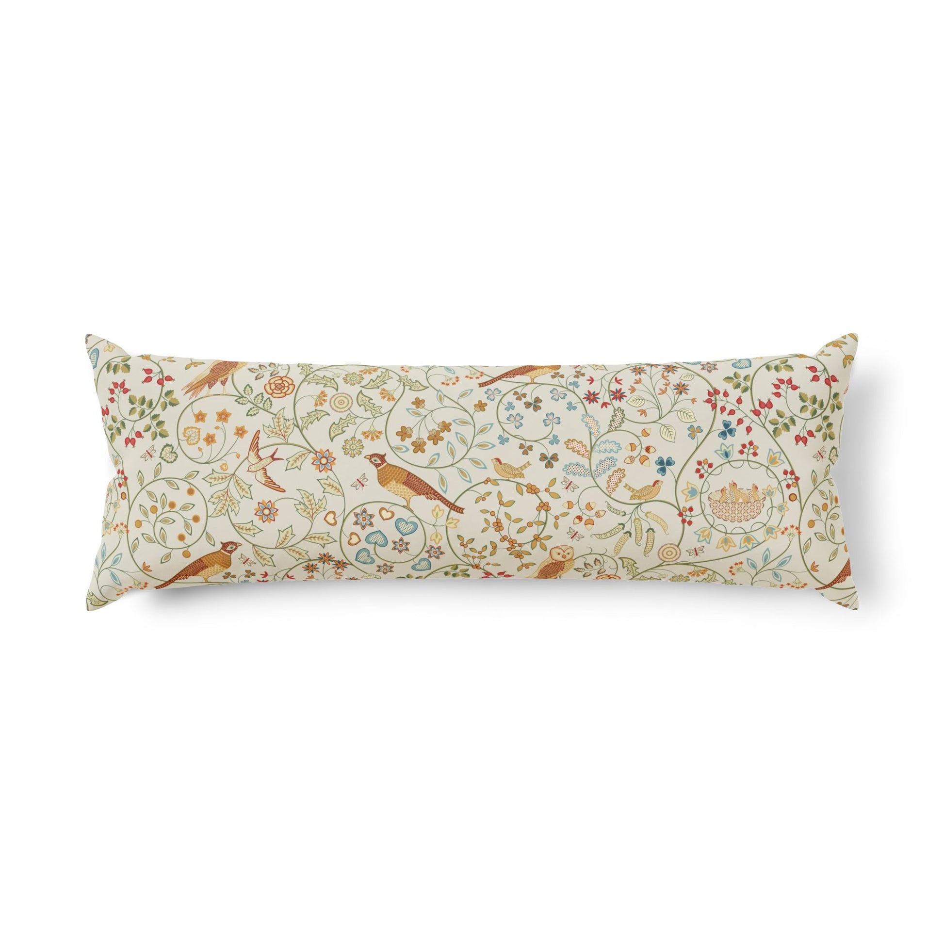 A rectangular lumbar pillow featuring a detailed botanical and bird pattern on an off-white background, shown against a plain white studio background.
