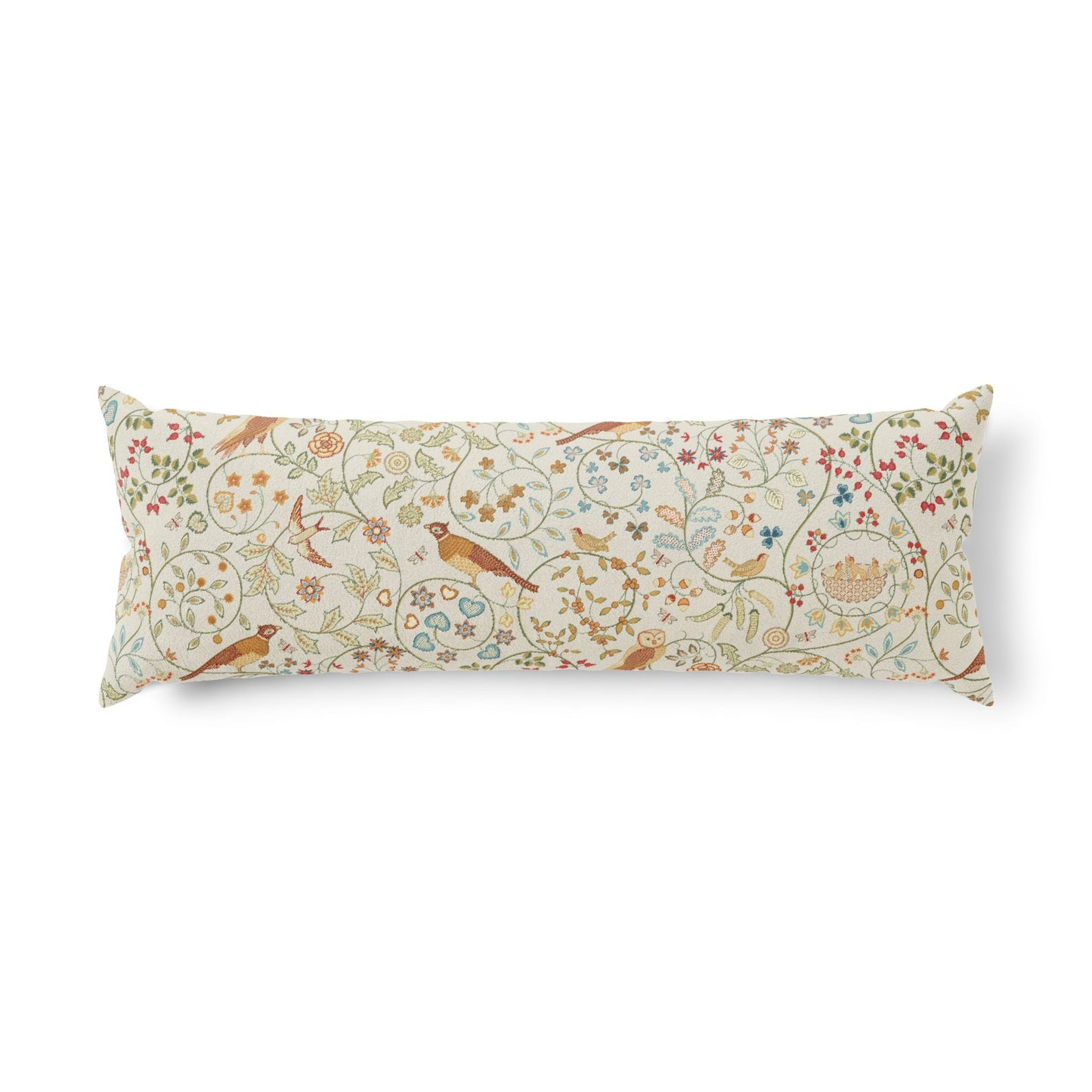 A long rectangular lumbar pillow featuring a detailed botanical and bird pattern on a cream background, shown against a plain white studio background.