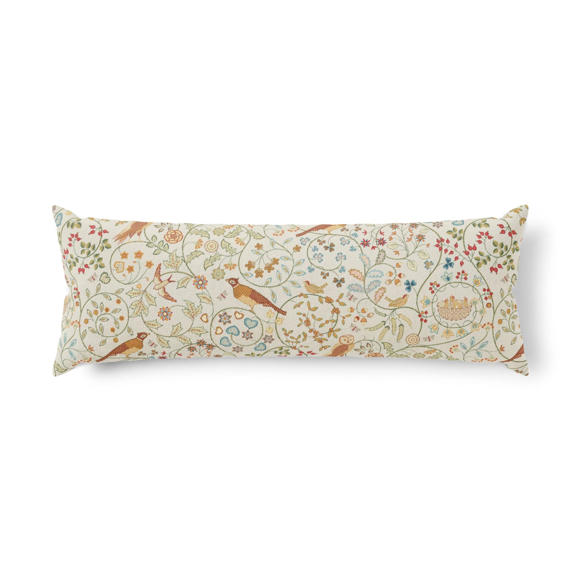 A long rectangular lumbar pillow featuring a detailed botanical and bird pattern on a cream background, shown against a plain white studio background.