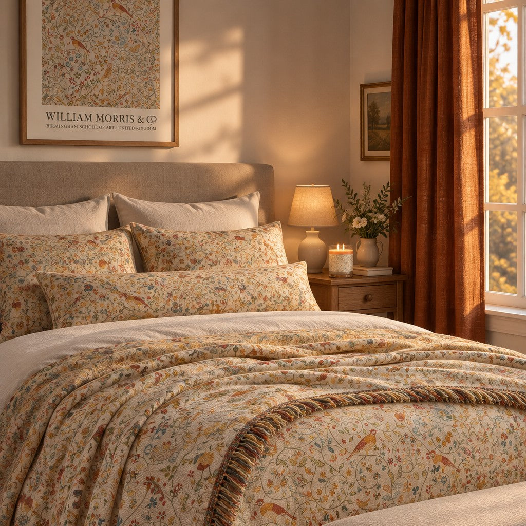 A beautifully styled bed in a warm, sunlit bedroom featuring a William Morris style floral and bird patterned duvet cover and matching pillow shams. The room has warm orange curtains, a bedside table with a lamp and candle, and a framed William Morris print on the wall.