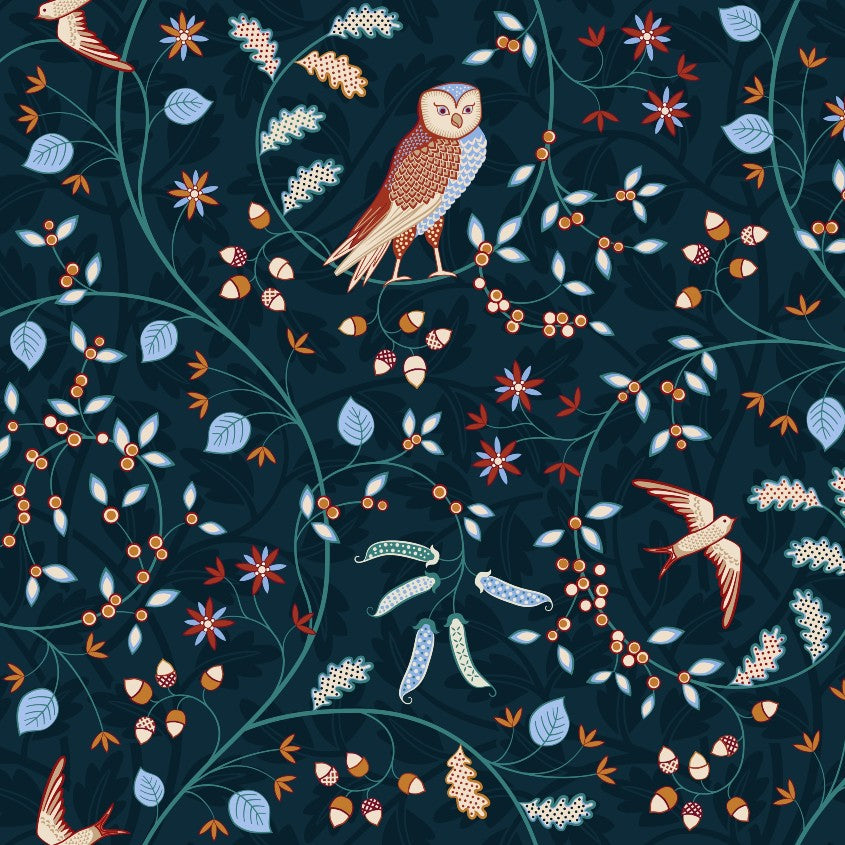 A repeating botanical and avian pattern on a dark navy background, featuring stylized owls, birds, leaves, acorns, and small flowers in muted orange, cream, pale blue, and sage green.