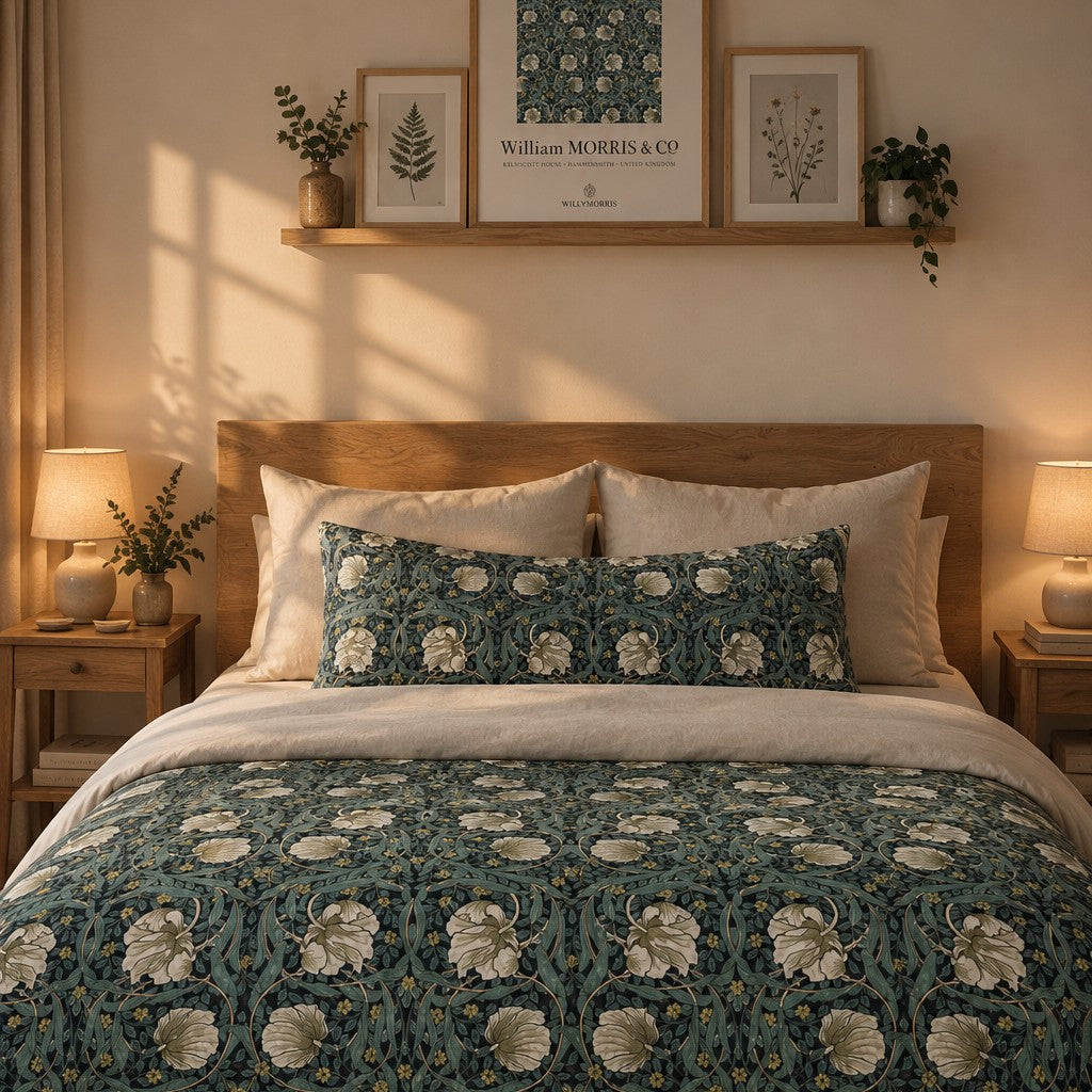 A styled bedroom scene with a bed dressed in cream bedding and a teal floral quilt featuring a repeating botanical pattern. A matching teal pillow rests against the headboard, with a wooden shelf, framed botanical prints, and bedside lamps above and beside the bed.