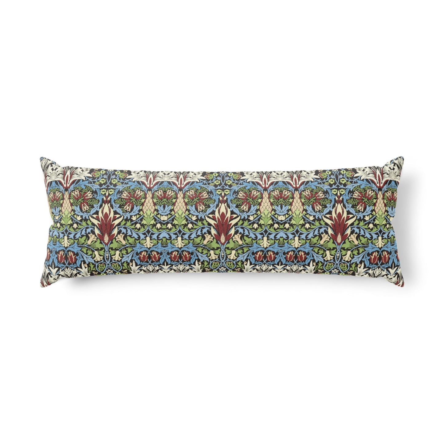 Long rectangular pillow with lavender pattern on a white background