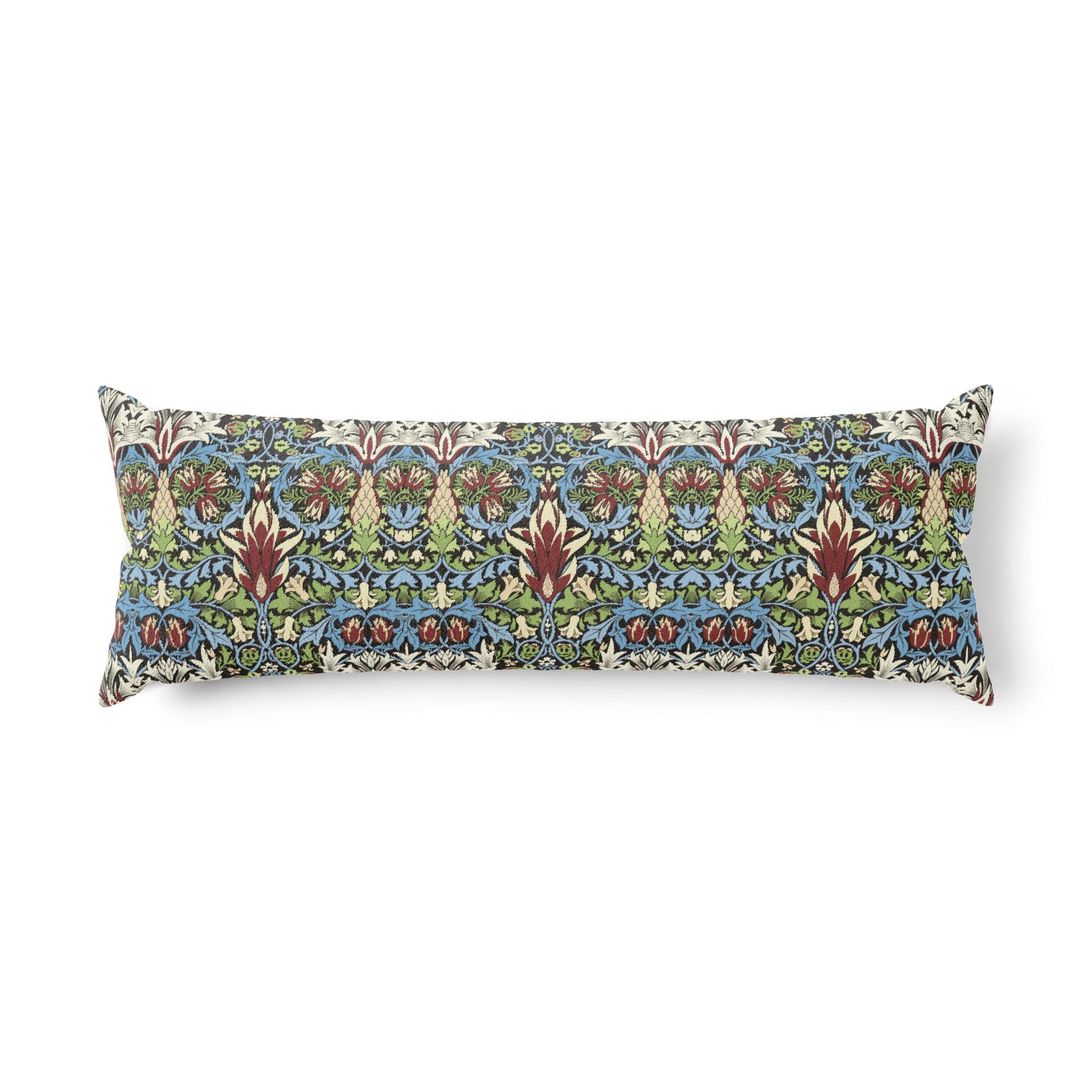 Long rectangular pillow with lavender pattern on a white background