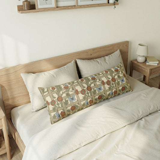 Bedroom with a wooden bed frame, white bedding, and decorative pillows.