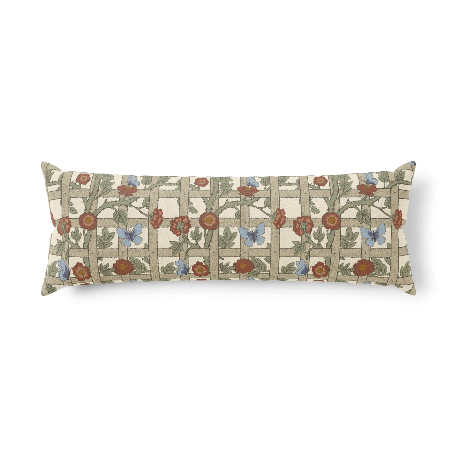 Decorative pillow with floral and butterfly pattern on a white background