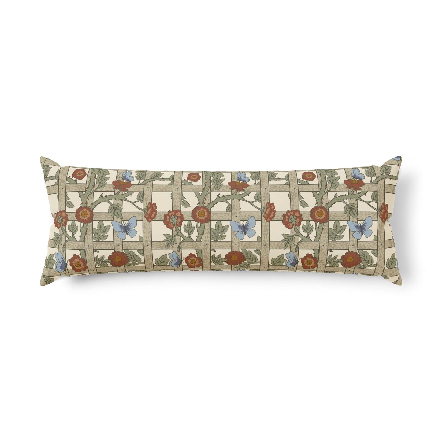 Decorative pillow with floral and butterfly pattern on a white background