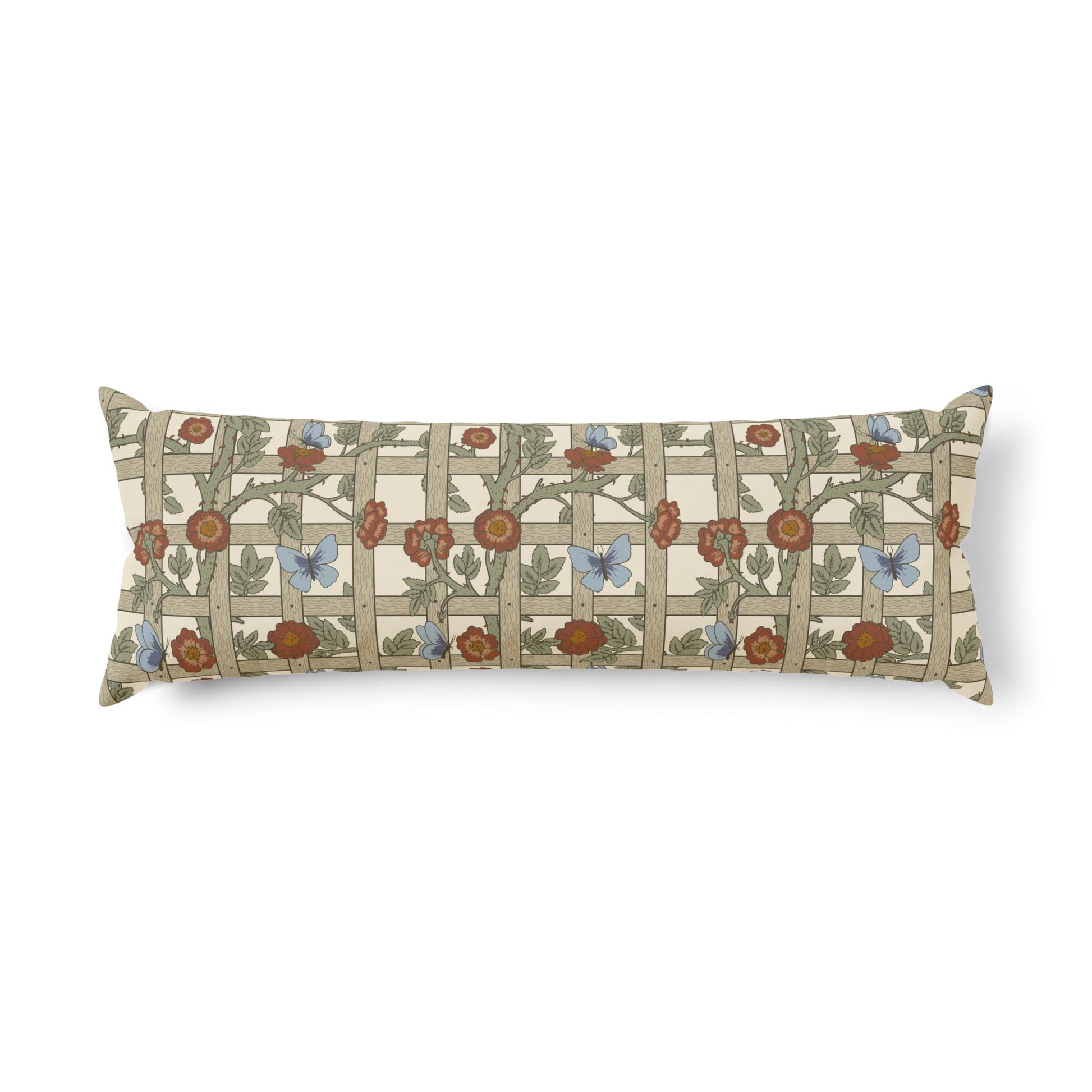Decorative pillow with floral and butterfly pattern on a white background