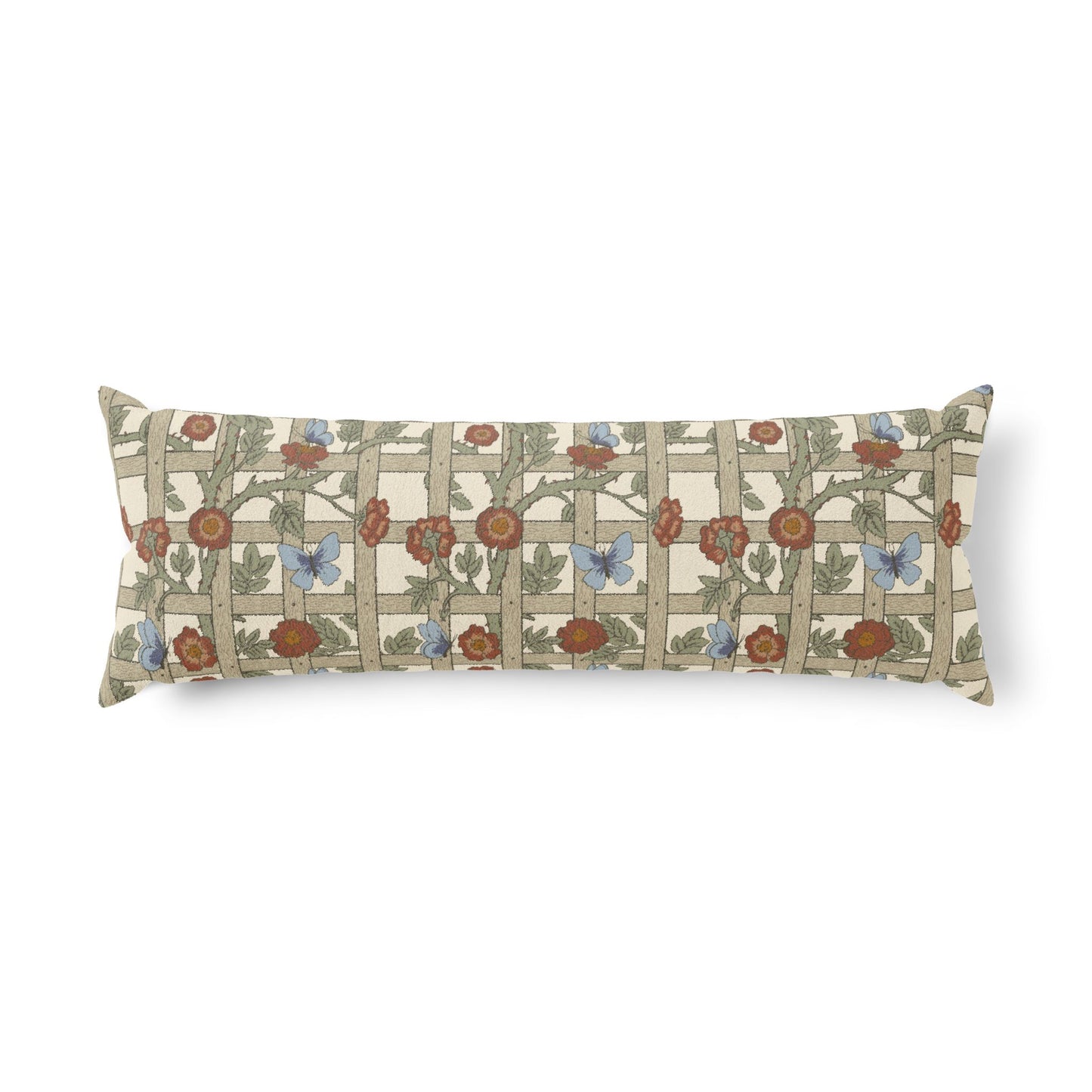 Decorative pillow with floral and butterfly pattern on a white background