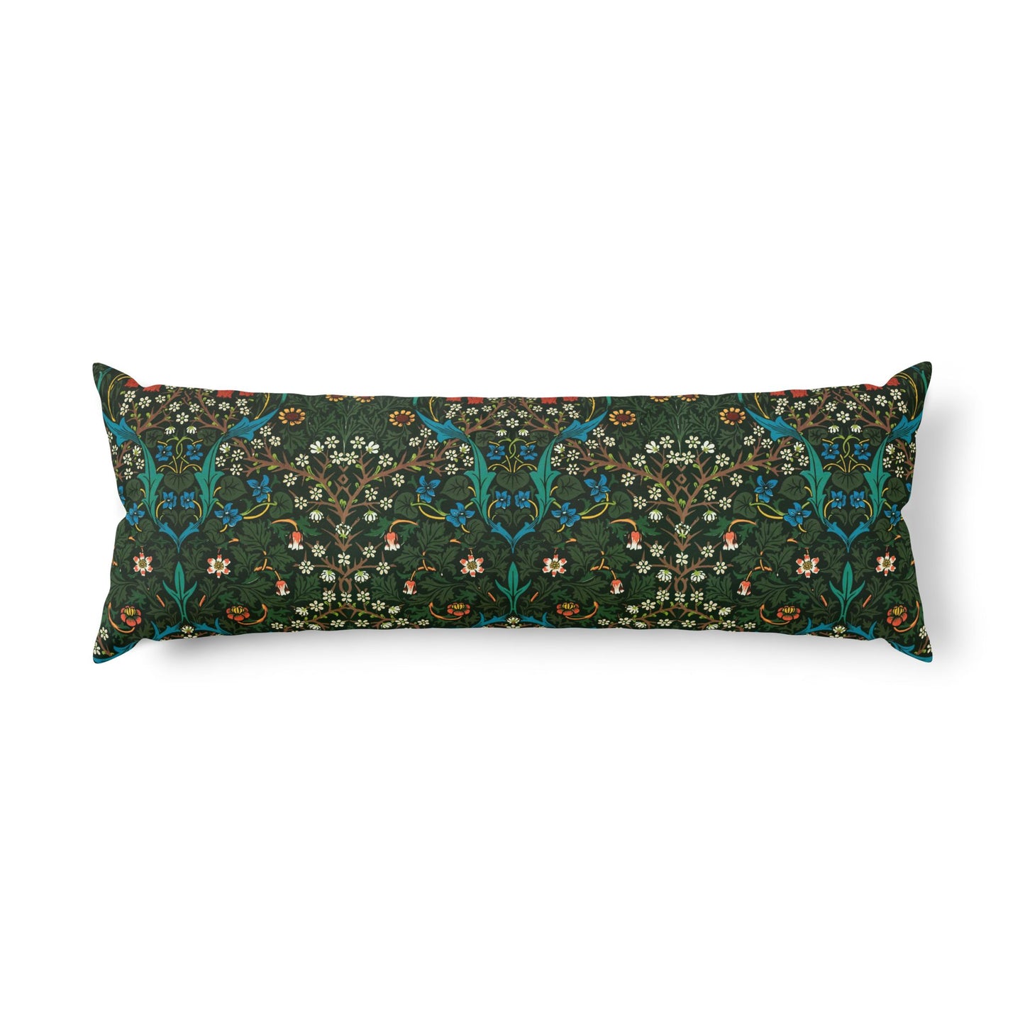 A long rectangular lumbar pillow featuring a dense floral and botanical pattern in dark green, teal, orange, and cream on a solid white background.
