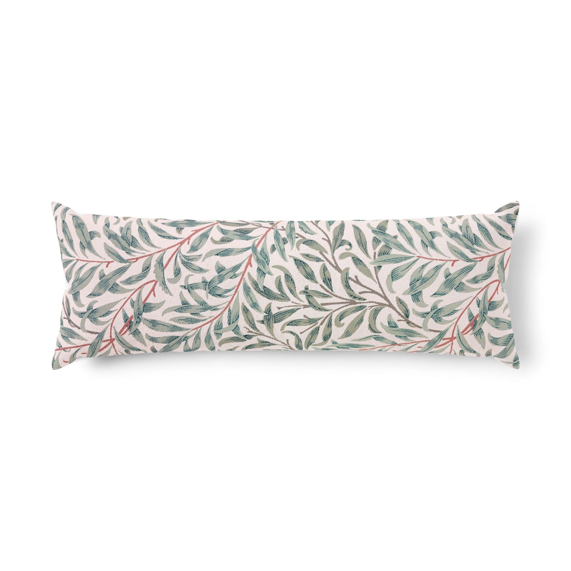Long rectangular pillow with leaf pattern on a white background