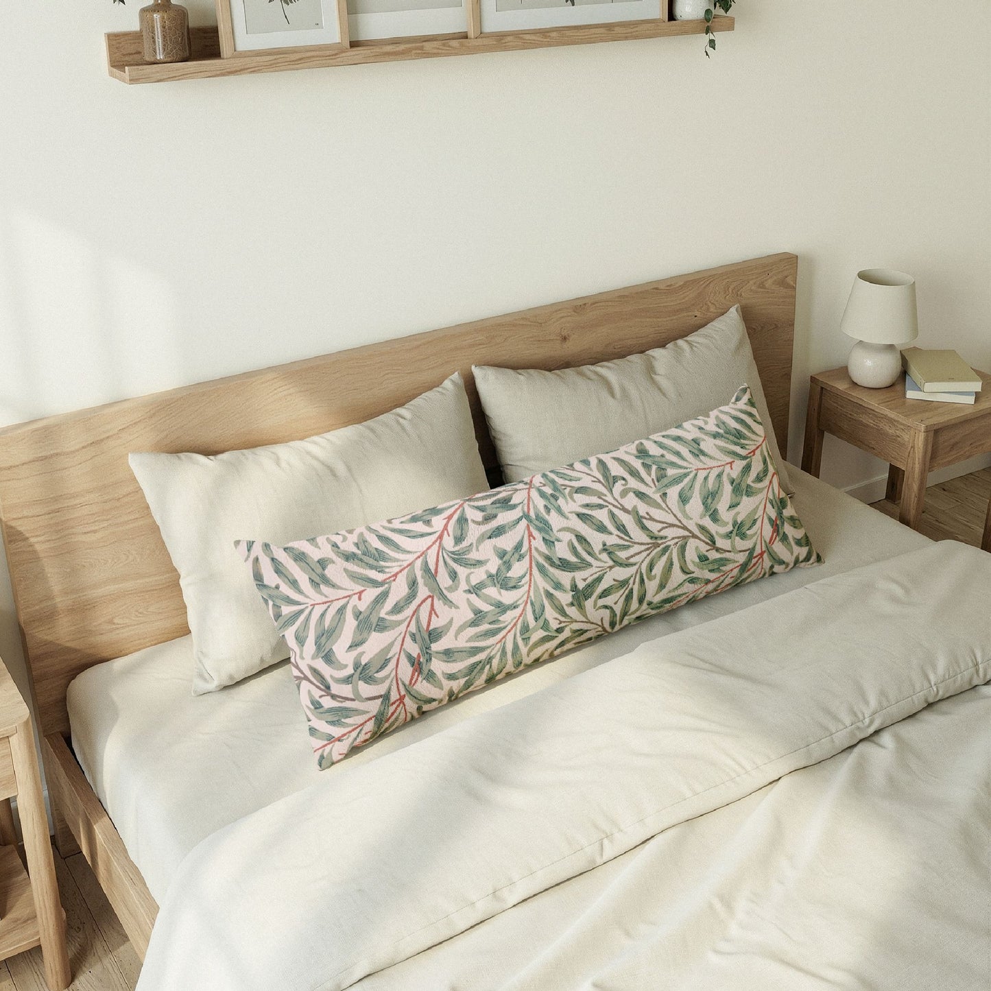 Bedroom with a wooden bed frame and decorative pillows