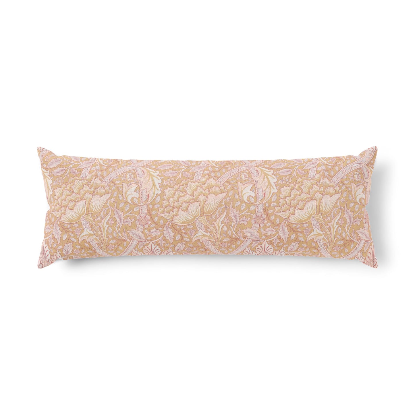 Long rectangular pillow with a floral pattern on a white background